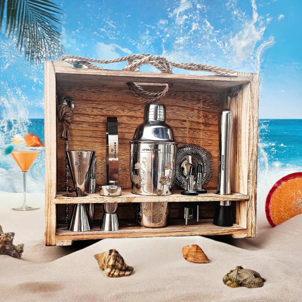 shakers à cocktails16 Pièces, Professionnel | Shaker à Cocktail 550ml, Acier Inoxydable | Kit Cocktail,Shaker Barman,kit Cocktail | Service à Cocktail avec Coffret en Bois précieux.