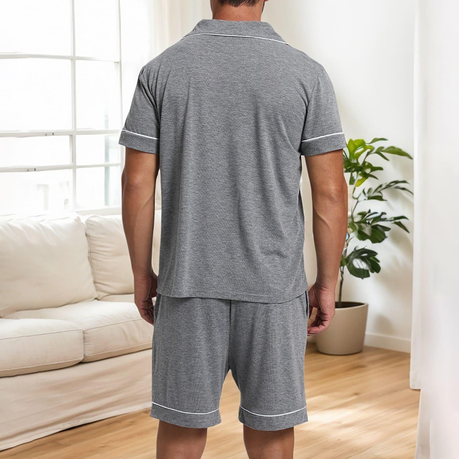 Pijama corto para hombre y hombre, conjunto de pijama de manga corta con botones, ropa de dormir de dos piezas con botones y bolsillos
