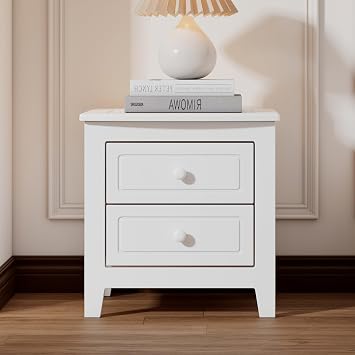 Flieks Nightstand with 2 Drawers for Bedroom, Mid-Century Retro Bedside Tables with Classic Design, Solid Wood Frame White