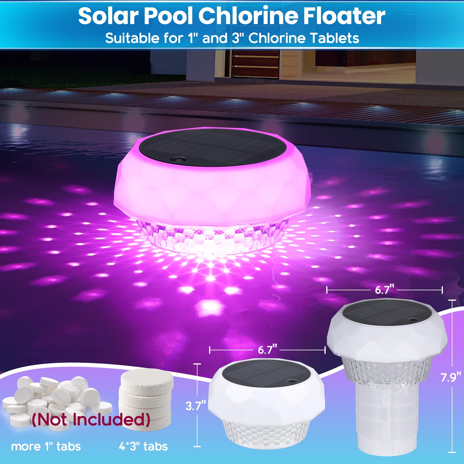 Qoolife Dosierschwimmer Pool für bis zu 4 Chlortabletten Solarlicht LED 7 Farben Pool Dosierer Chlorspender Pool Schwimmer mit Fernbedienung Einstellbar Faltbar Chlortabletten Dosierer