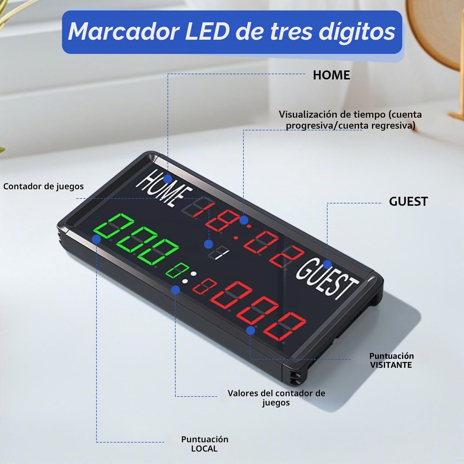 JAOGAUS Marcador Electrónico, Multifuncional LED de Tres dígitos con Control Remoto, Brillo Ajustable y Diseño de Pared para Baloncesto, Fútbol, Tenis, Tenis de Mesa y Bádminton.