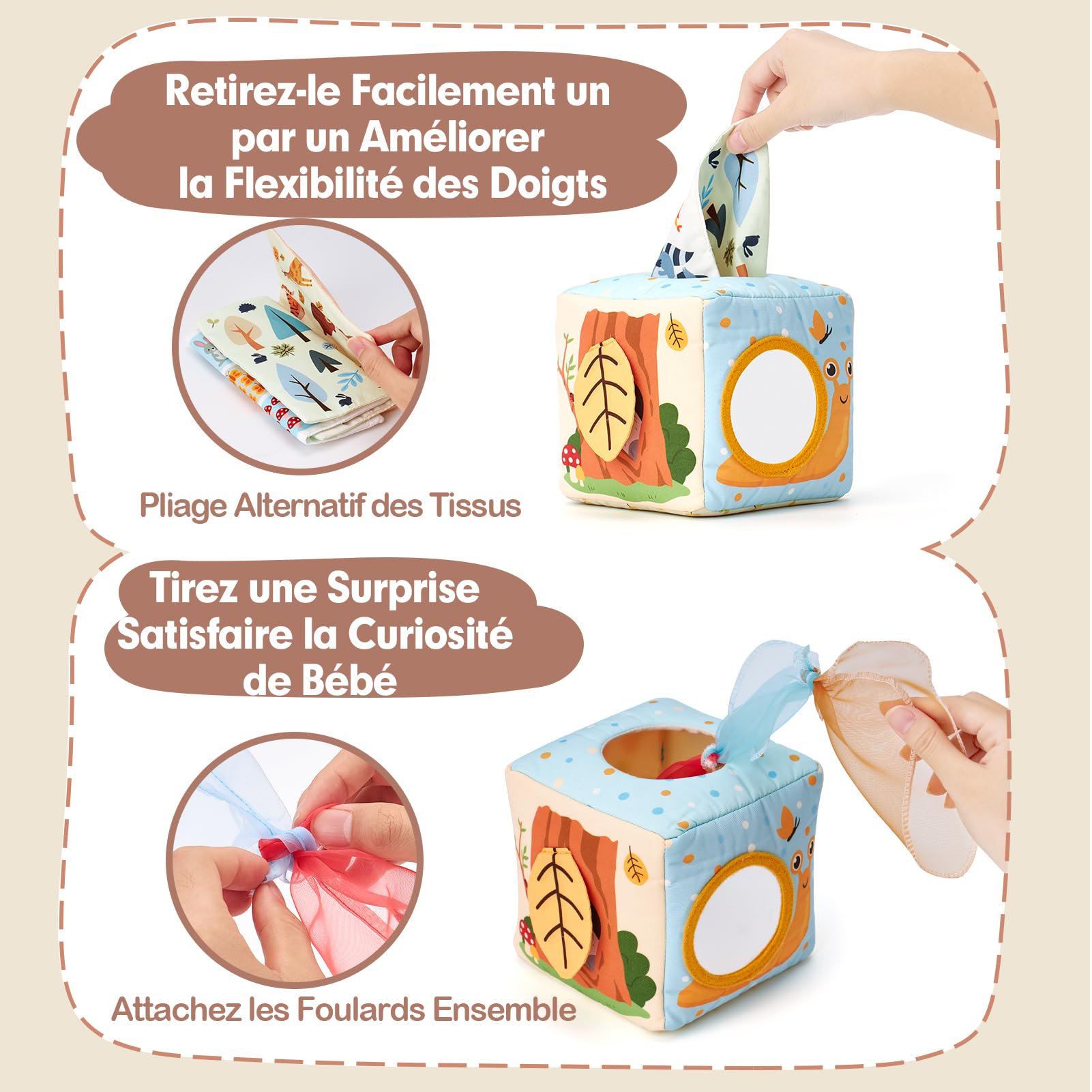 hahaland Jouet Bébé Boîte à Mouchoirs 6 Mois Jouet Sensoriels Montessori Aves Papiers Froissés et Boîte à Tissus, Jouets D'Éveil Bébé avec Miroir, Cadeau pour Fille Garcon 3 6 9 12 Mois