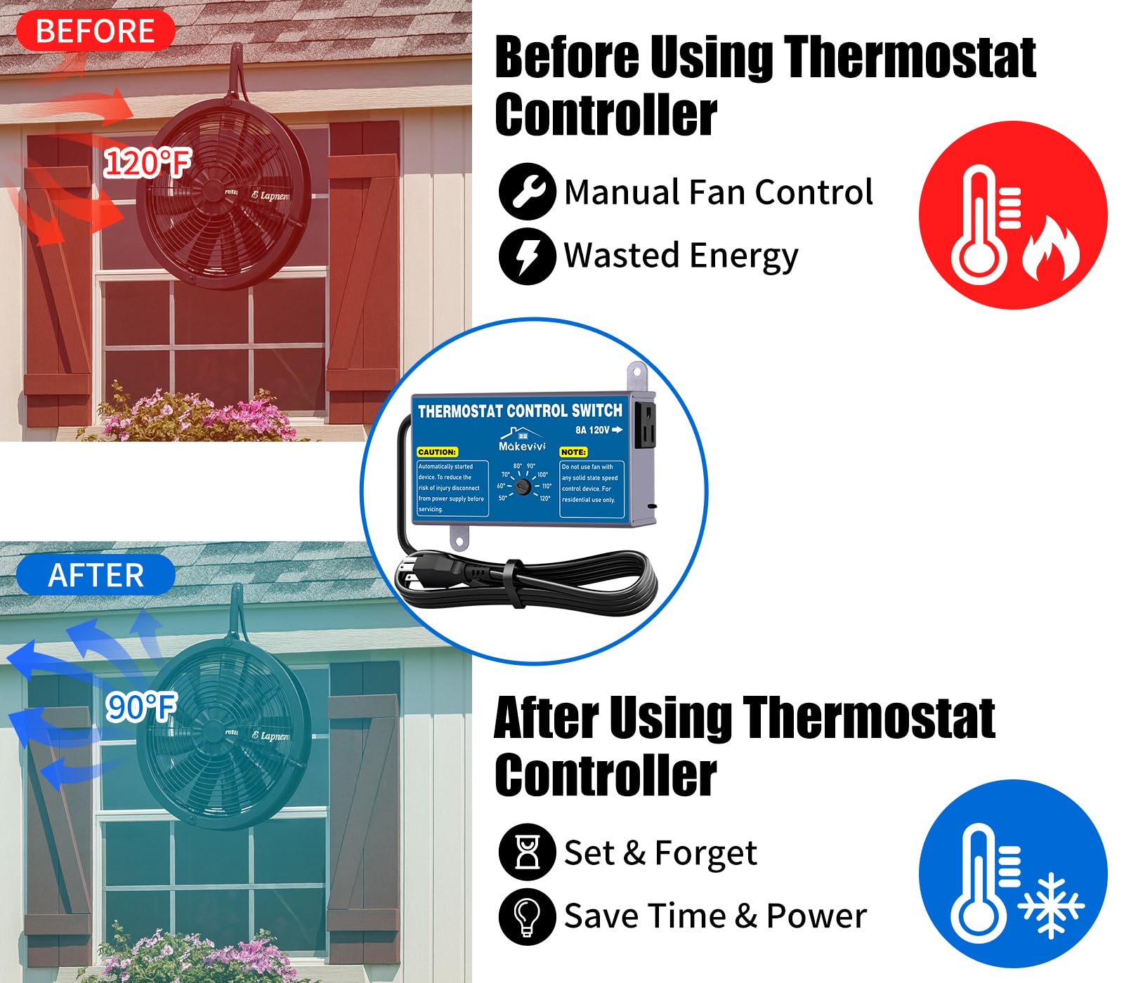 Paquete de 2 controladores de termostato para ventilador de ático, interruptor de control de temperatura ajustable con enchufe, protector de sobrecarga y sobretensiones, termostato de ventilador de