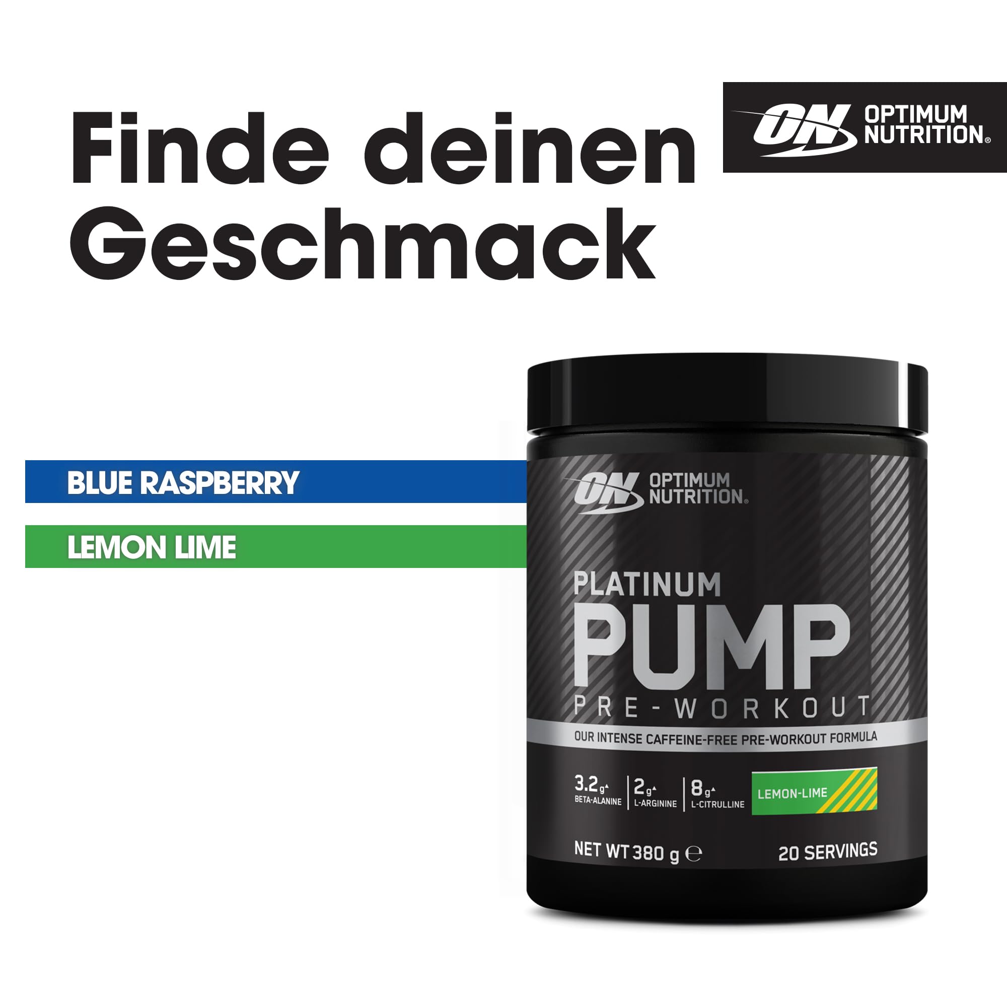 Optimum Nutrition PUMP Pre-Workout koffeinfrei, Trainingsbooster mit Beta-Alanin, L-Citrullin, L-Arginin & Fruitflow, Limette Geschmack, 20 Portionen, 380 g