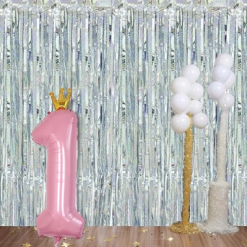 Miniatura 2 de Paquete de 2 cortinas de flecos de papel de oropel plateado, telón de fondo de flecos de papel de aluminio con purpurina de 3.2 x 8.2 pies, telón