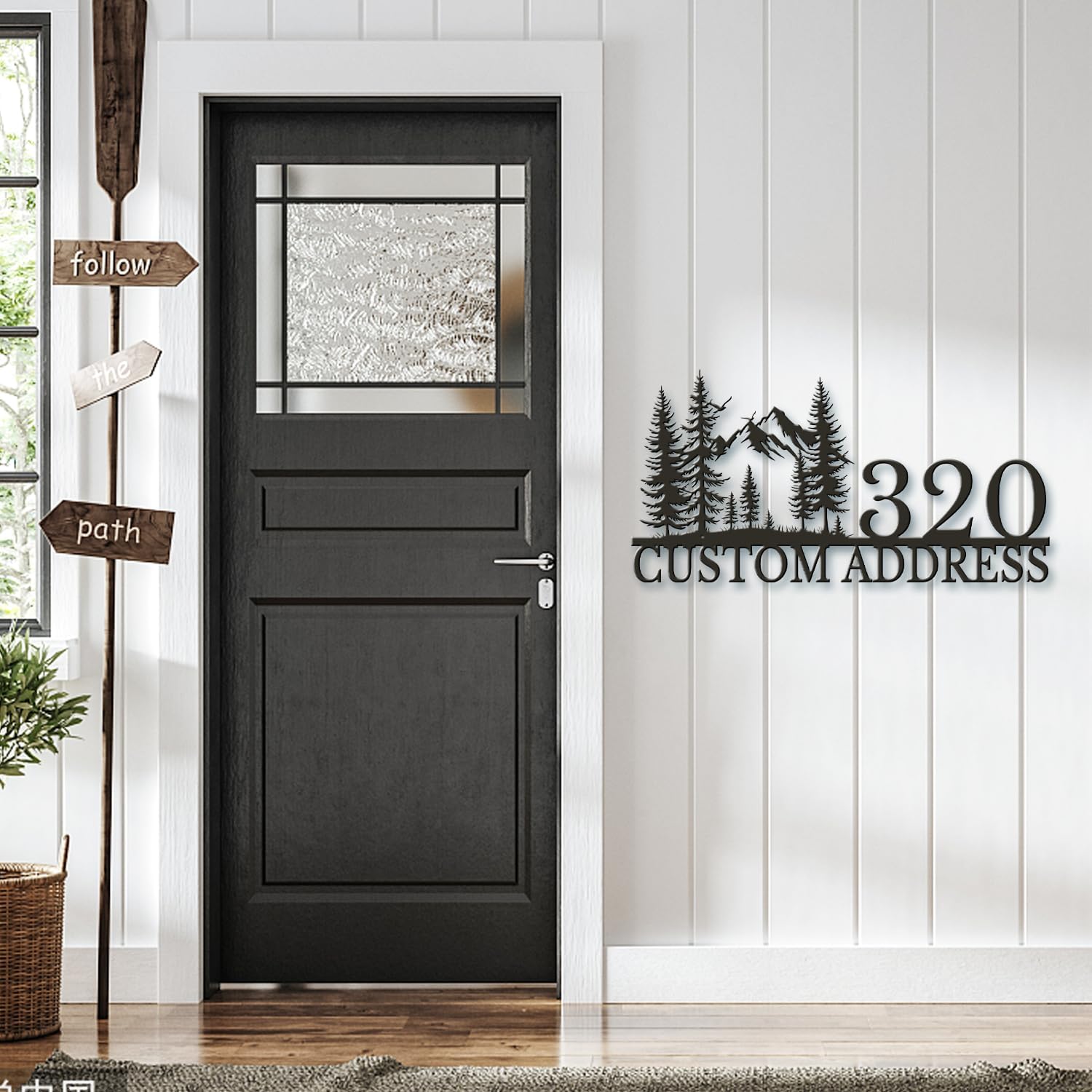 Custom Mountain & Trees Metal Address Plaque, Custom House Number Sign with Mountain Forest Silhouette, Nature Theme Street Number Plaque for Outdoor, Yard, Gate, Porch and Cabin (Style-2)