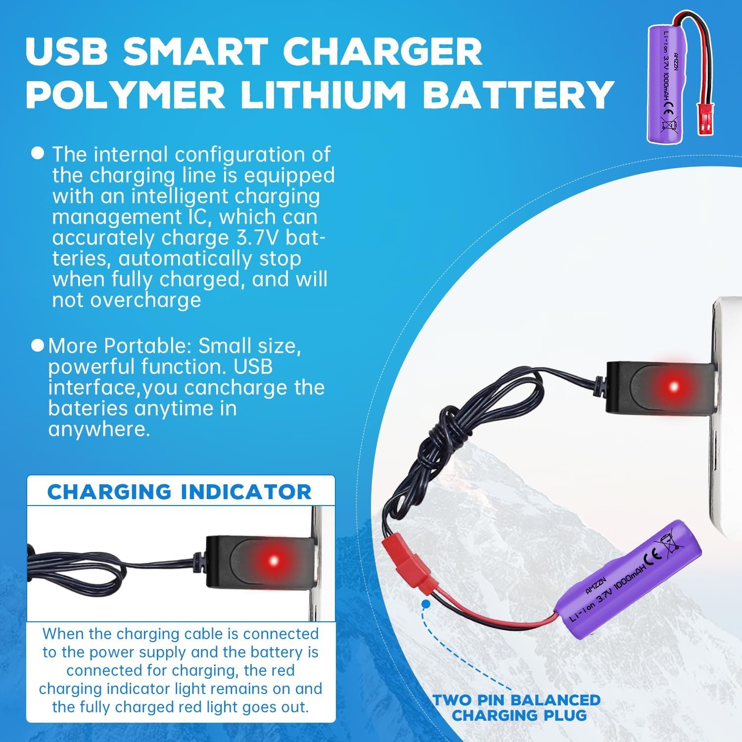 YUNIQUE GREEN-CLEAN-POWER 2 baterie litowo-jonowe 3,7 V 1000 mAh ze złączem JST-2P + ładowarka USB - kompatybilne z Huina 1337 1338 1516 1517 RC pojazdy budowlane