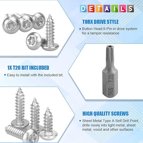 Miniatura 4 de Glarks Juego de 51 tornillos de acero inoxidable para chapa de seguridad Torx de cabeza de botón #8 x 58 pulgadas con broca T20 (50 piezas #8 x 58