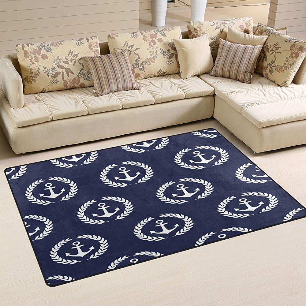 Liz Carter Navy Anchor Blue Area Rugs, Bath Mat Non-Slip Floor Mat for Doormats Living Room Bedroom 36 x 24 in