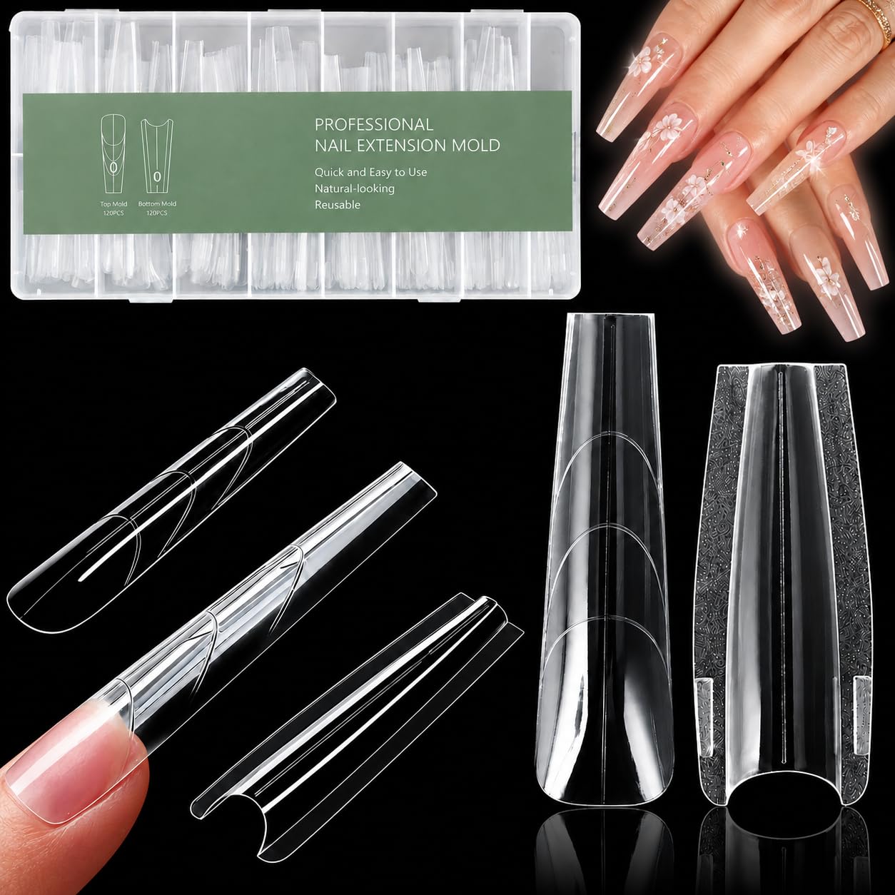 SHUESS 240 Pcs Sandwich Dual Nail Forms, 15 Sizes Nail Extensions for Polygel and Builder Gel, Clear Reusable Long Coffin for Salon Art Tools, Easy to Use