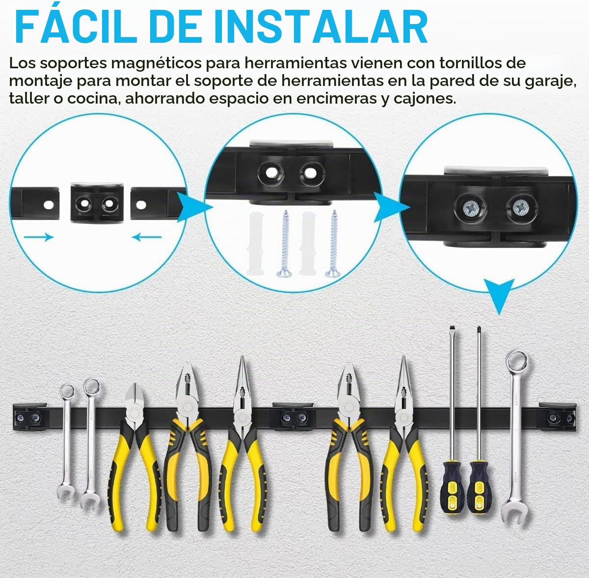 Juego de 5 barras magnéticas para herramientas, 40 cm, riel magnético fuerte, soporte magnético para herramientas de pared, soporte magnético para herramientas de garaje, organización