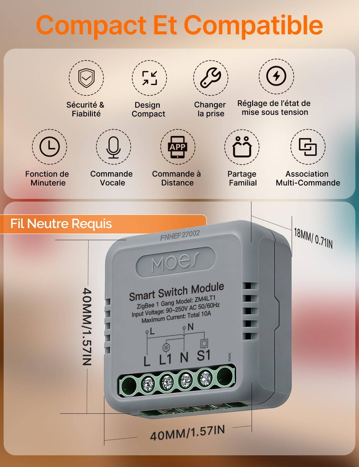 MOES Zigbee Interrupteur d'Éclairage Encastré 1 Voie | Mini module de relais intelligent, conducteur neutre et passerelle Zigbee requis, compatible Tuya