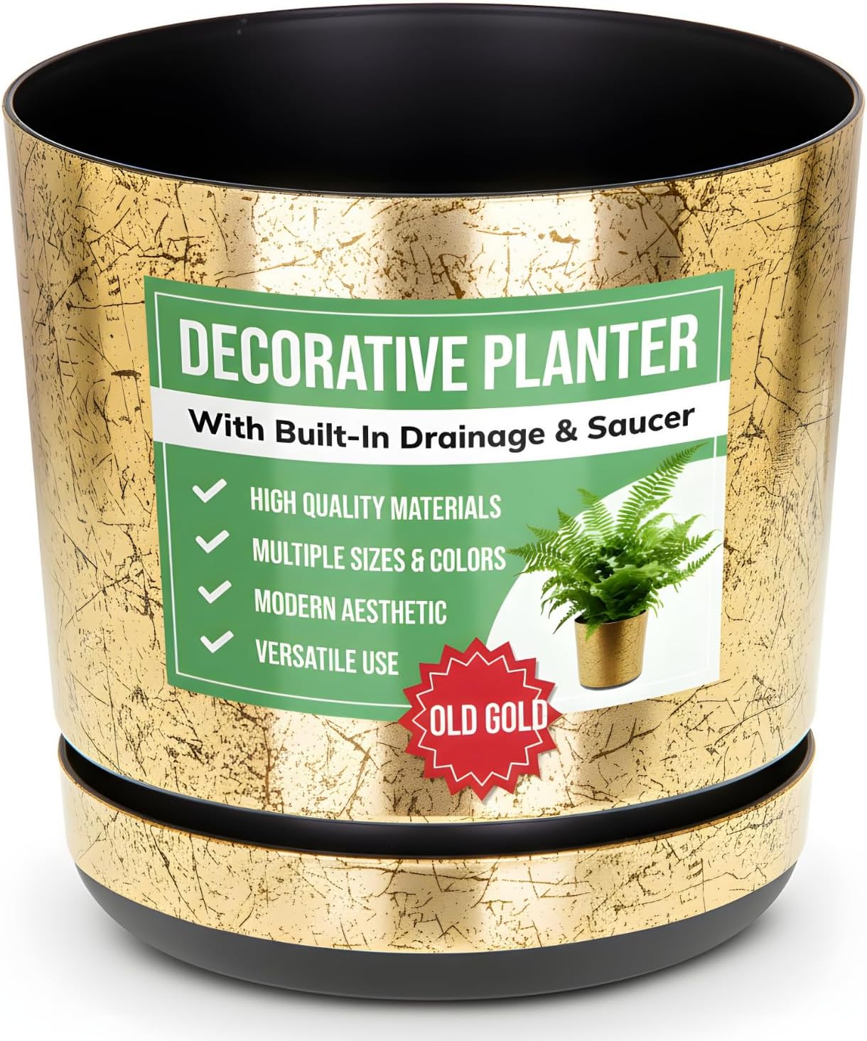 OLD GOLD flower indoor plant pot with saucer plastic gloss modern decorative planter with drainage holes (14 cm - 5.5 inches)