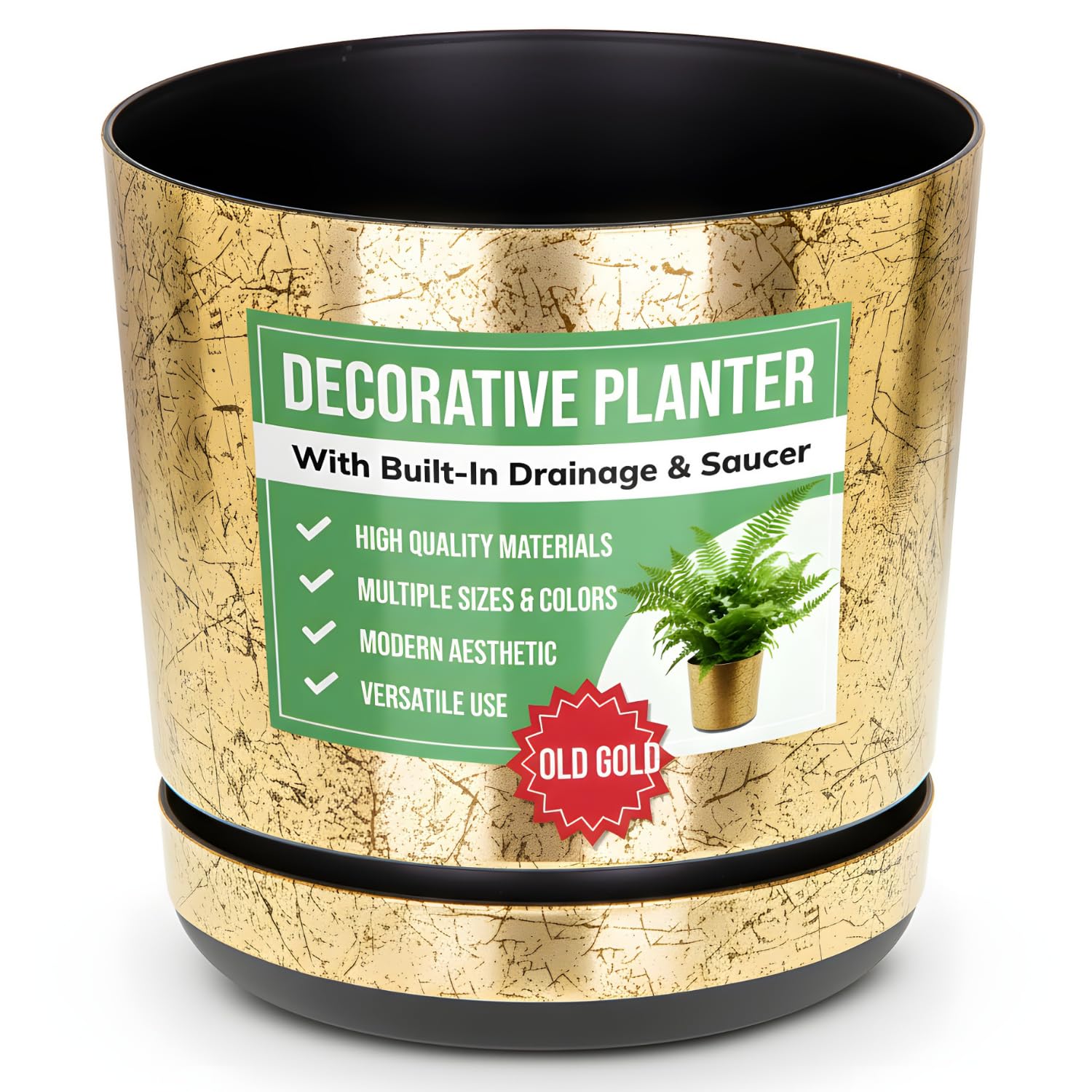 KORAD OLD GOLD flower indoor plant pot with saucer plastic gloss modern decorative planter with drainage holes (14 cm - 5.5 inches)