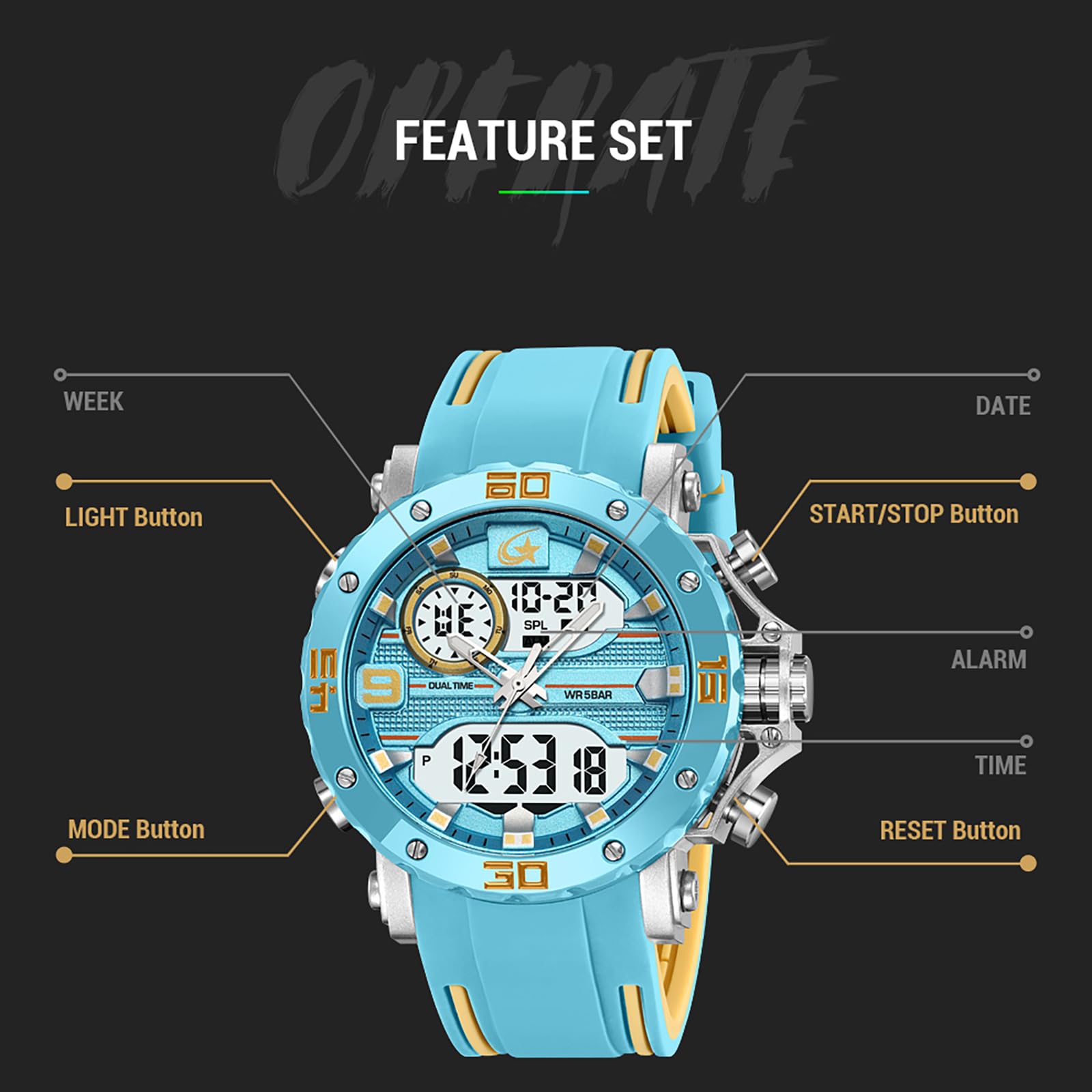 findtime Orologio da uomo digitale analogico sportivo, quadrante unico, sveglia, cronometro, conto alla rovescia, tattico, da uomo, orologio da corsa in silicone