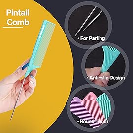 Goodofferplace 3 PCS Rat Tail Combs Parting Rattail Teasing Fine Tooth Comb with Metal Pick for Curly Hair,Detangling Parting Combs for Women,for Braiding,Styling Hair(Pink Purple Green)