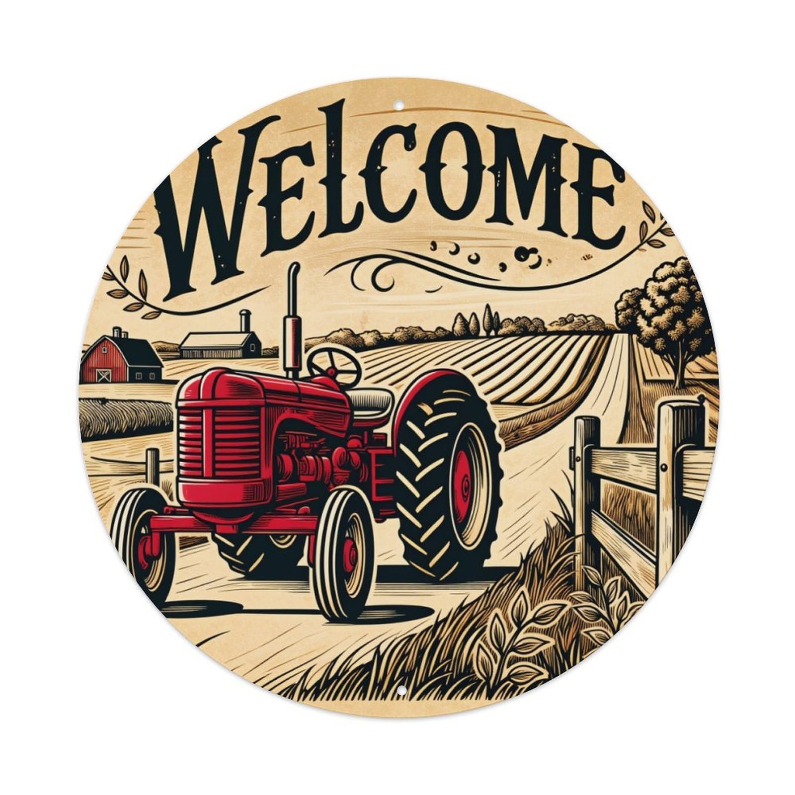 Welcome Farm Tractor Scene Print Round Tin Sign Retro Metal Sign for Cafe Bar Pub Home Game Room Gym Club Wall Decoration Vintage Metal Poster 8x8 Inch