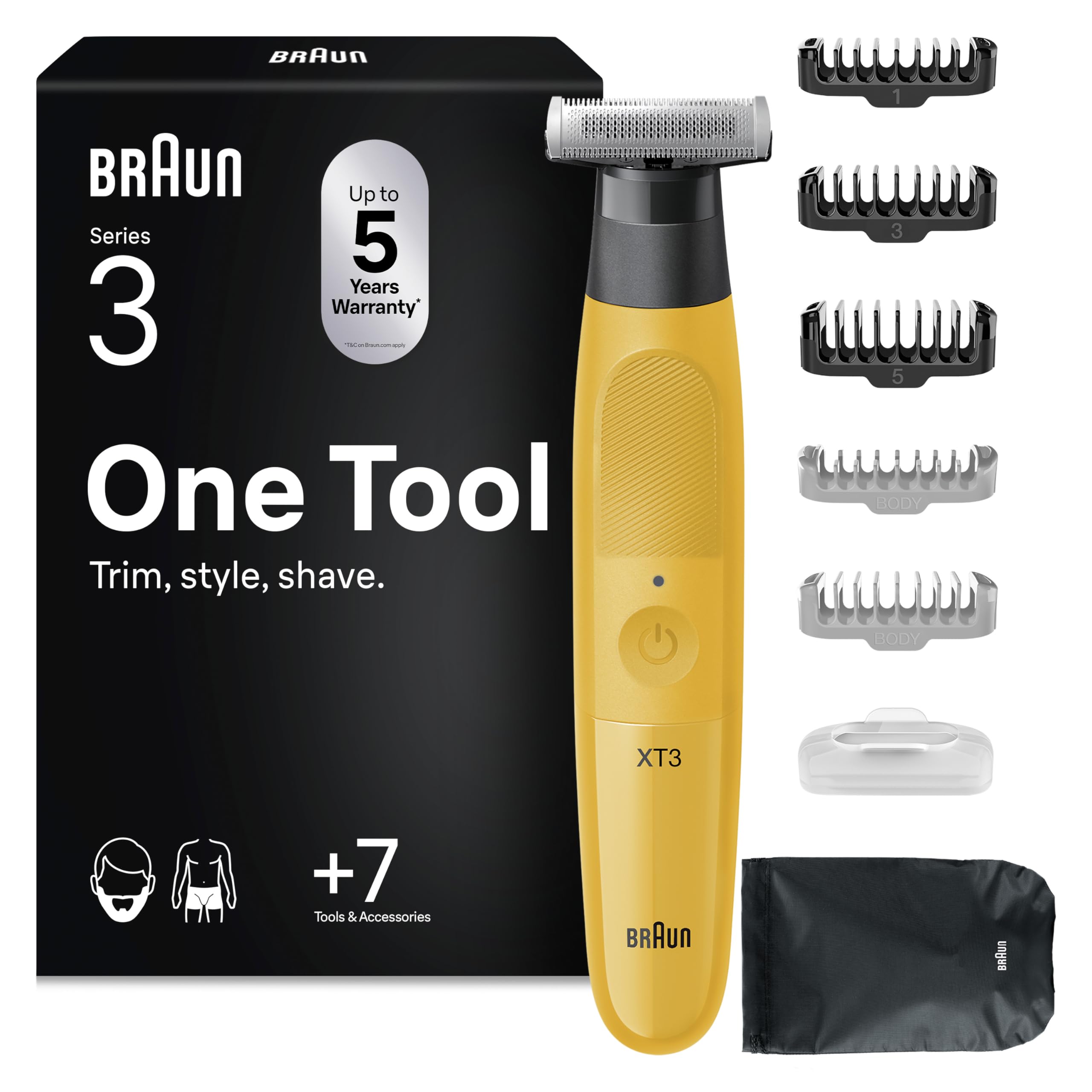 Braun Series XT3 Afeitadora Eléctrica Todo En Uno, XT3205, Amarillo - 7 Accesorios De Styling, Cortapelos Hombre Resistente Al Agua, Recargable, Lámina Afilada Flex 4D, 45 Min De Uso, Recorta & Afeita