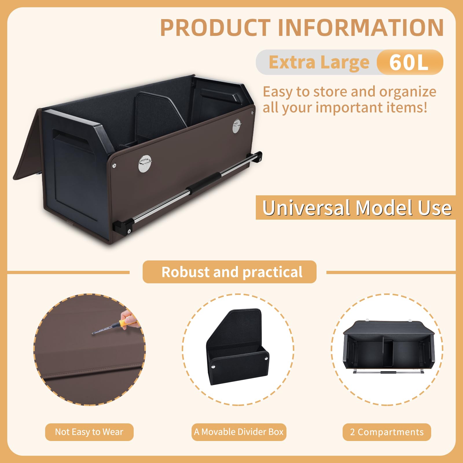 Organizador plegable de cuero para maletero de coche con tapa y asa resistente para SUV, camión, sedán, almacenamiento de coche (marrón, 69 x 29 x 31 cm)
