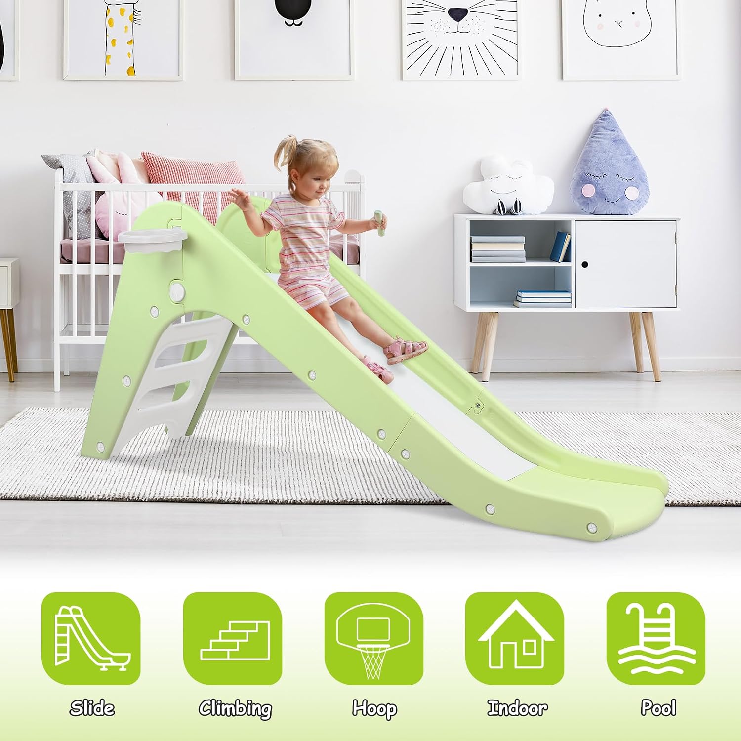 MAMIZO 3 in 1 Toddler Slide, Extra Long Baby Slide Climber Playset with Basketball Hoop & Ball, Non-Slip Steps, Freestanding Indoor Outdoor Playground (Light Green)