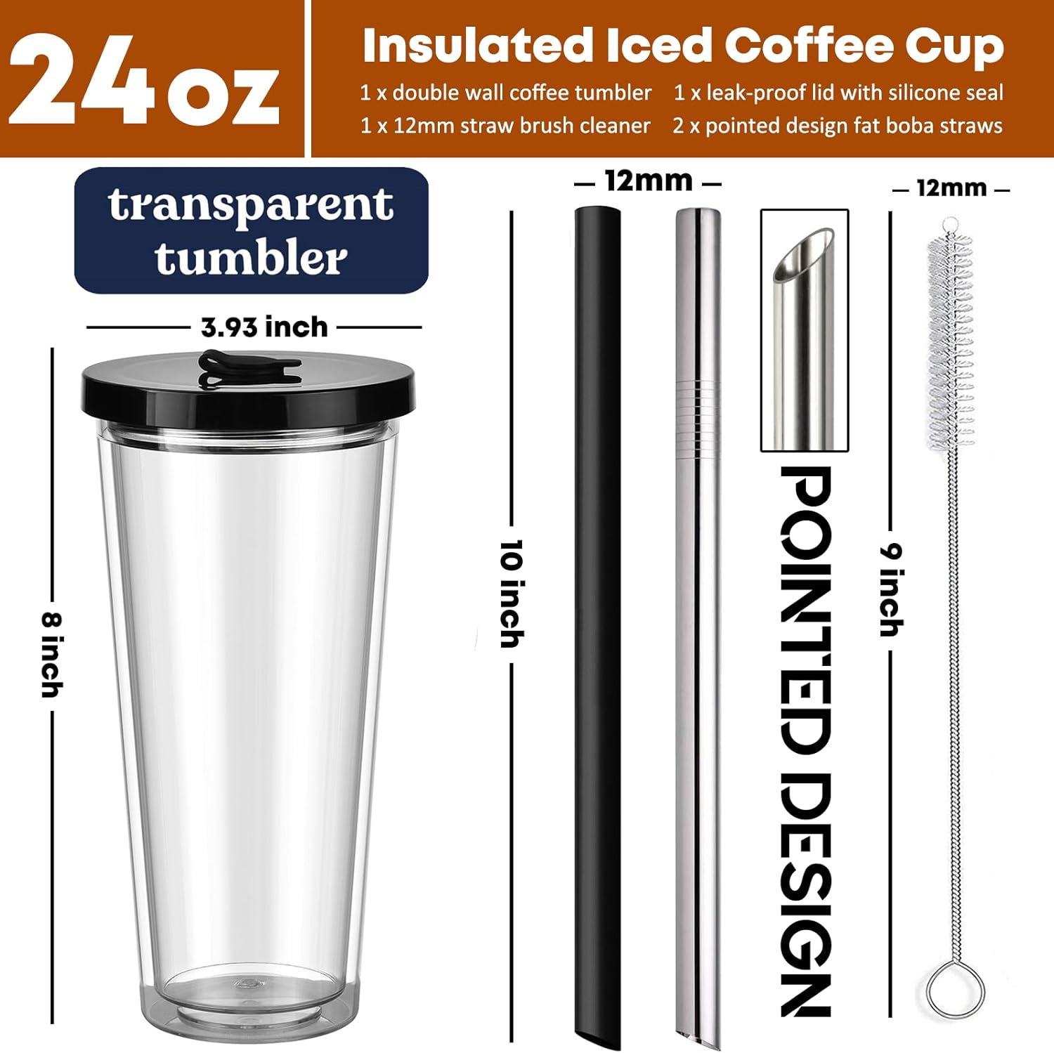 ALINK Reusable Iced Coffee Cup with Lid and Straw, 24 oz Boba Tea Smoothie Cup, Leak Proof Double Wall Insulated Iced Coffee Tumbler for Hot Cold Drinks, Bubble Tea, With 2 Boba Straws 1 Brush - Image 2
