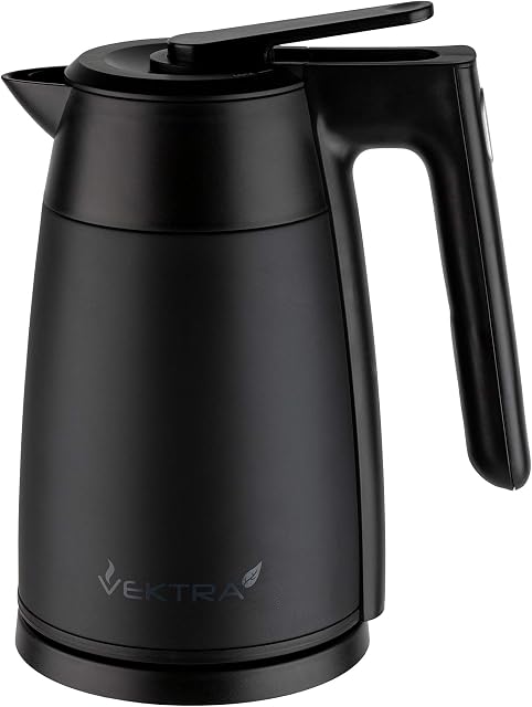 Vektra VEK-1701B Vacuum Insulated Environmentally Eco Friendly Easy Pour Cordless Kettle, 1.7 Litre, Black