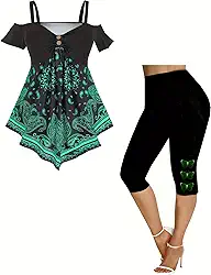 Conjunto feminino de duas peças, plus size, casual, estampa paisley, ombros de fora, leggings capri combinando