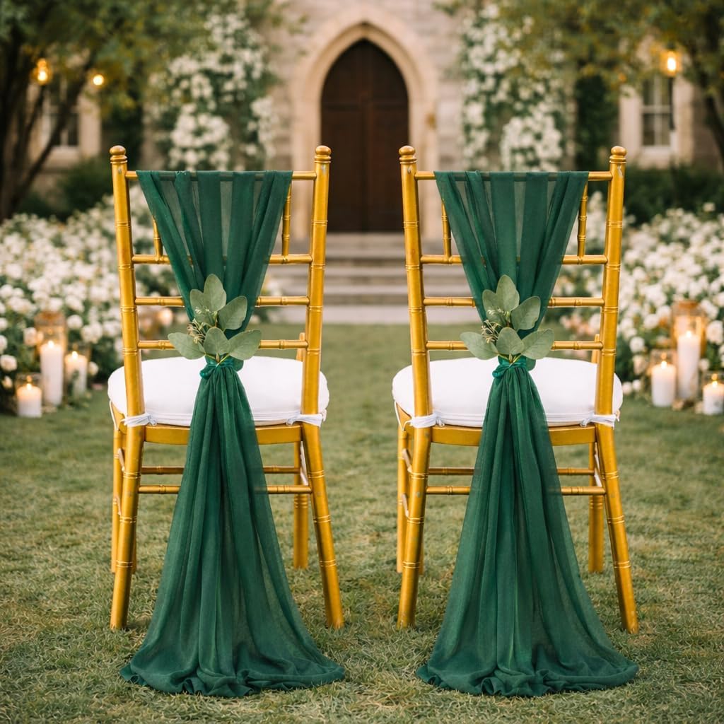 QueenDream Emerald Green Chair Sashes Wedding: 16 Pieces Long Sheer Wedding Aisle Chair Decorations Tulle Chairs Covers with Artificial Eucalyptus