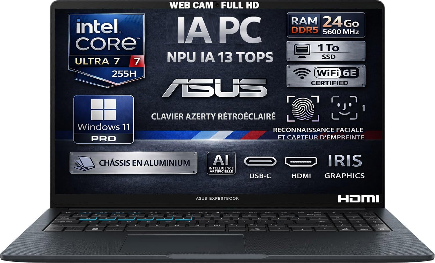 ASUS Ordinateur Portable IA, Intel Ultra 7 255H 16 Cœurs, RAM 24Go DDR5, SSD 1To, Écran 16" FHD, WiFi6E, Reconnaissance Faciale, Aluminium, Empreinte Digitale, Clavier AZERTY Rétroéclairé, Win11 Pro