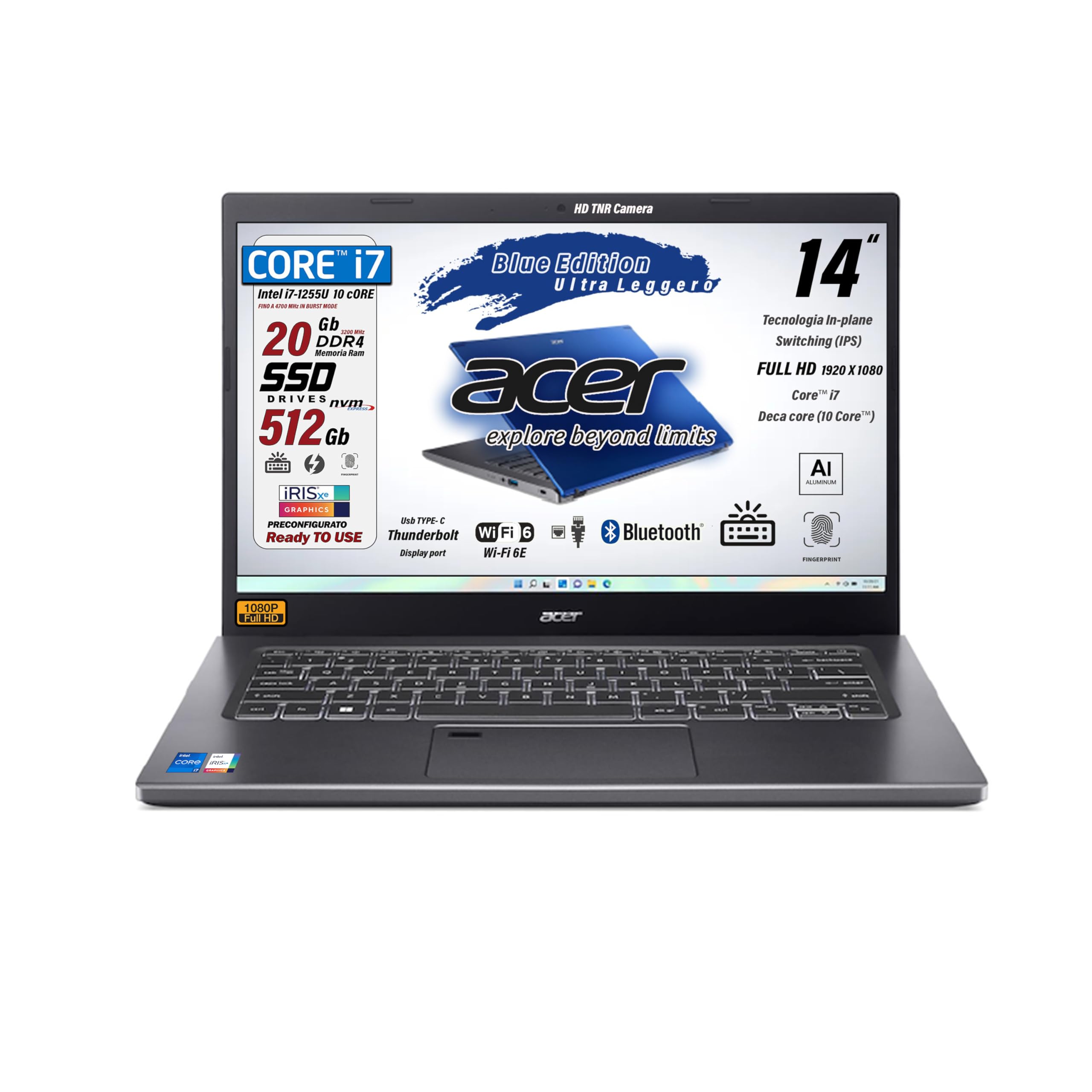acer Notebook Intel Core i7-1255U, 10 Core, ram 20Gb, SSD Pcie Nvme 512Gb, display 14" FHD IPS, Tastiera retroilluminata, Fingerprint, thunderbolt, ultraleggero, Win 11Pro, blu, preconfigurato