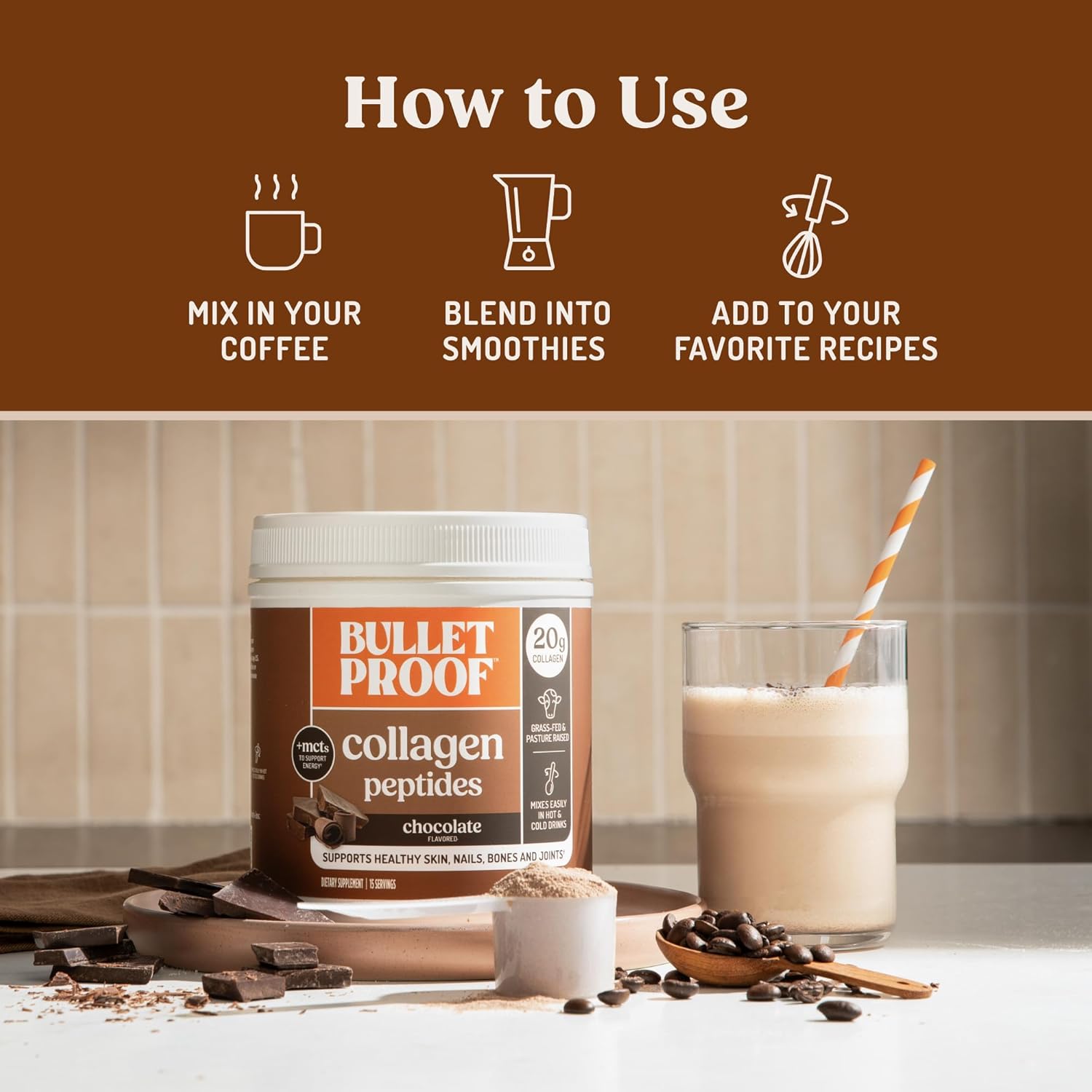 Bulletproof Chocolate Collagen Protein Powder with MCT Oil, 19g Protein, 17.6 Oz, Collagen Peptides and Amino Acids for Healthy Skin, Bones and Joints, Packaging May Vary - Image 5