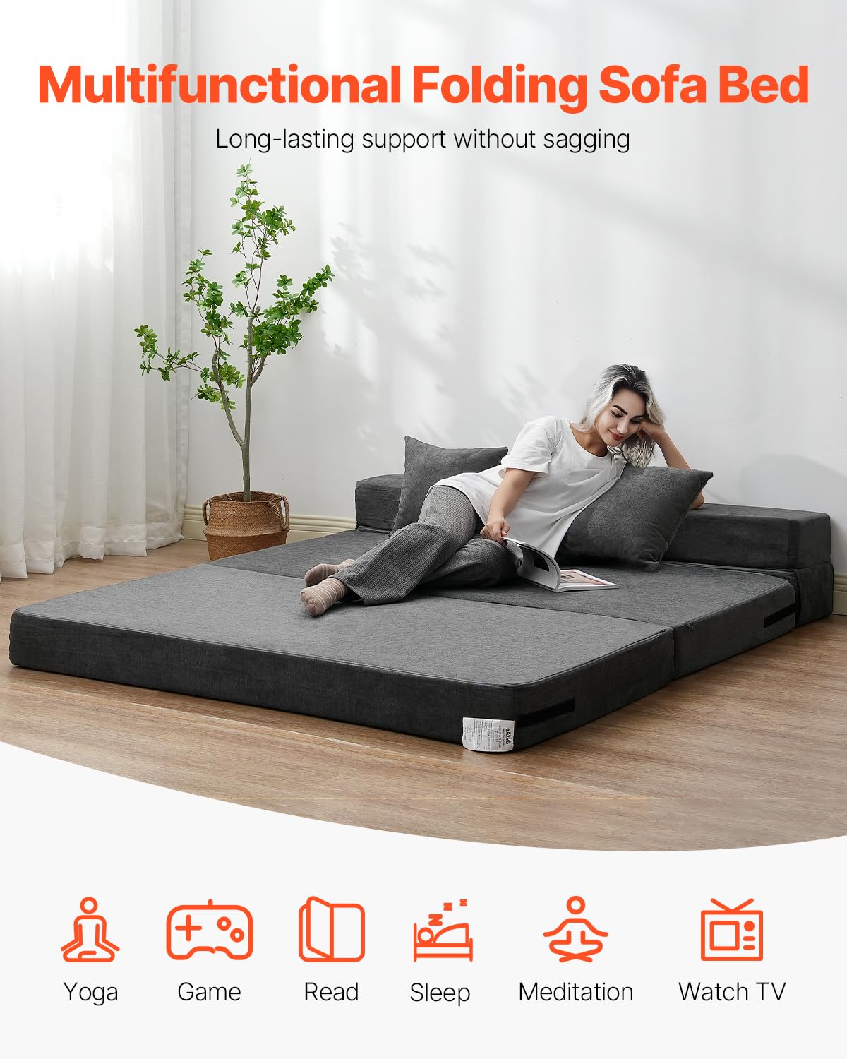 VEVOR Divano Letto Pieghevole con 2 Cuscini e Fodera Lavabile, Poltrona Letto Trasformabile in Memory Foam ad Alta Densità 25D, Divano Futon per Soggiorno, Camera da Letto, Grigio Scuro, Queen