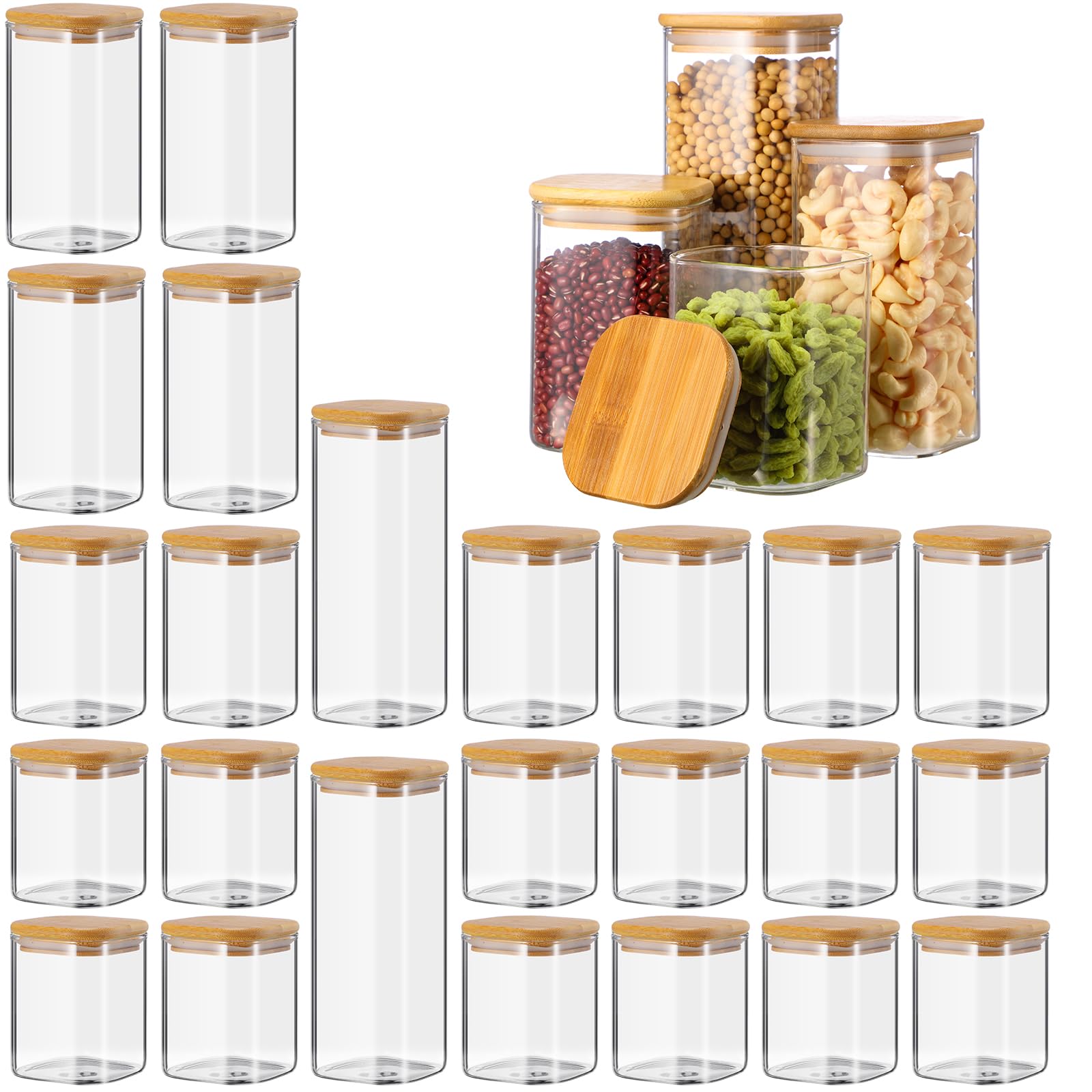 Qinyoung Vorratsdosen aus Glas, quadratisch, mit Bambusdeckel, 4 Größen, transparent, stapelbar, luftdicht, für Süßigkeiten, Kekse, Zucker, Nudeln, Nüsse, Küchenorganisation, 24 Stück