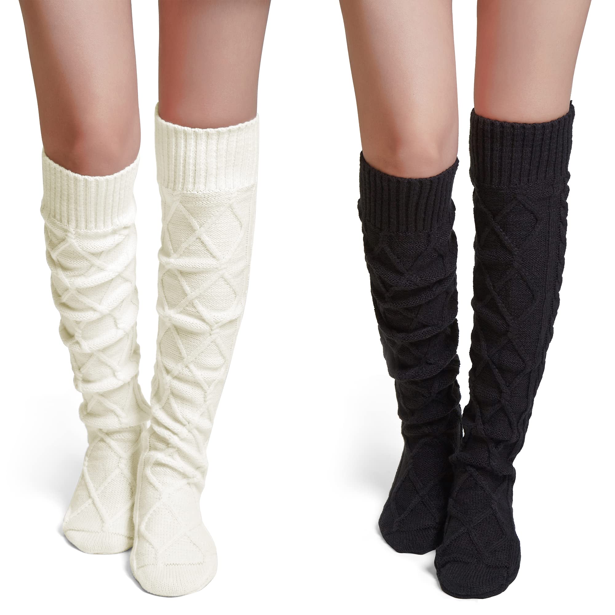 Pcavin Calcetines altos hasta el muslo para mujer, calcetines de punto trenzado por encima de la rodilla, calentadores de piernas largos y cálidos para invierno