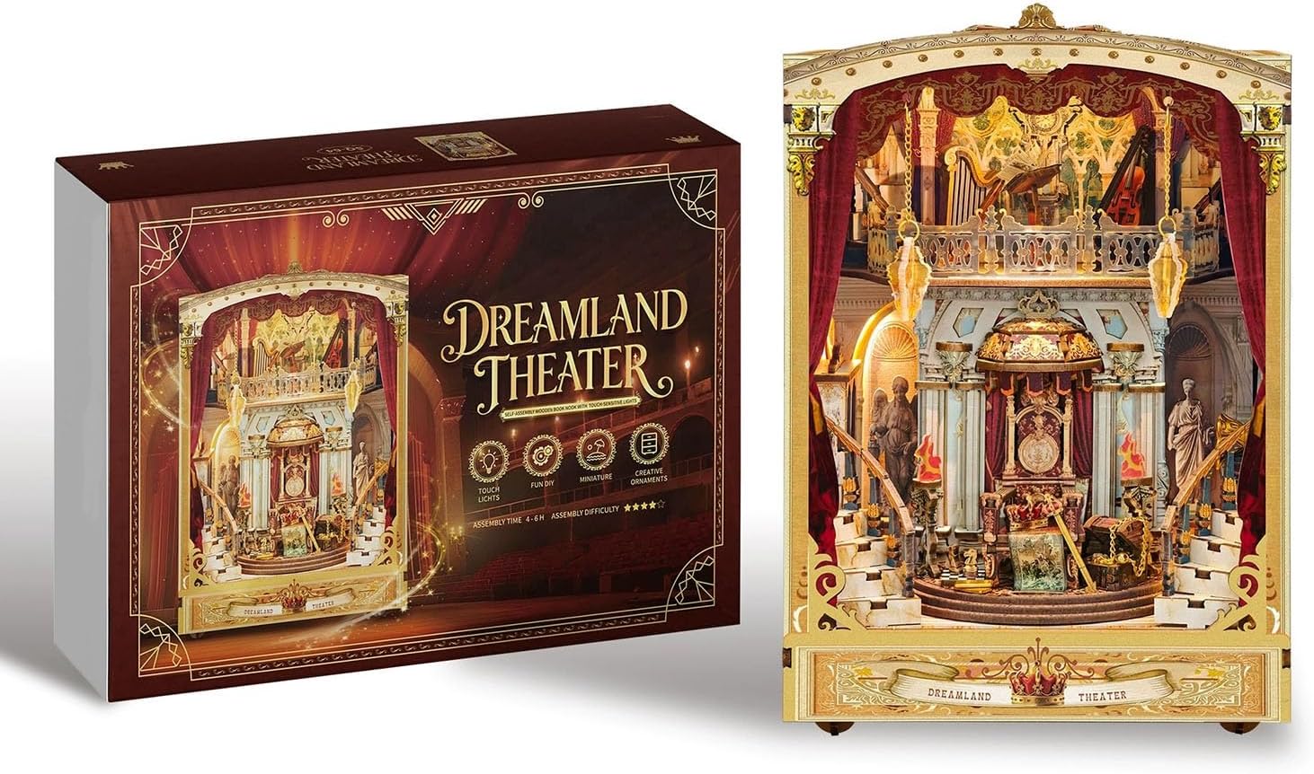 Book Nook Kit,DIY Dreamland Theater Book Nook for Multi-Level Touch Book Nook with LED Light Classical Opera House Miniature Diorama with Rotating Stage & Music Feature