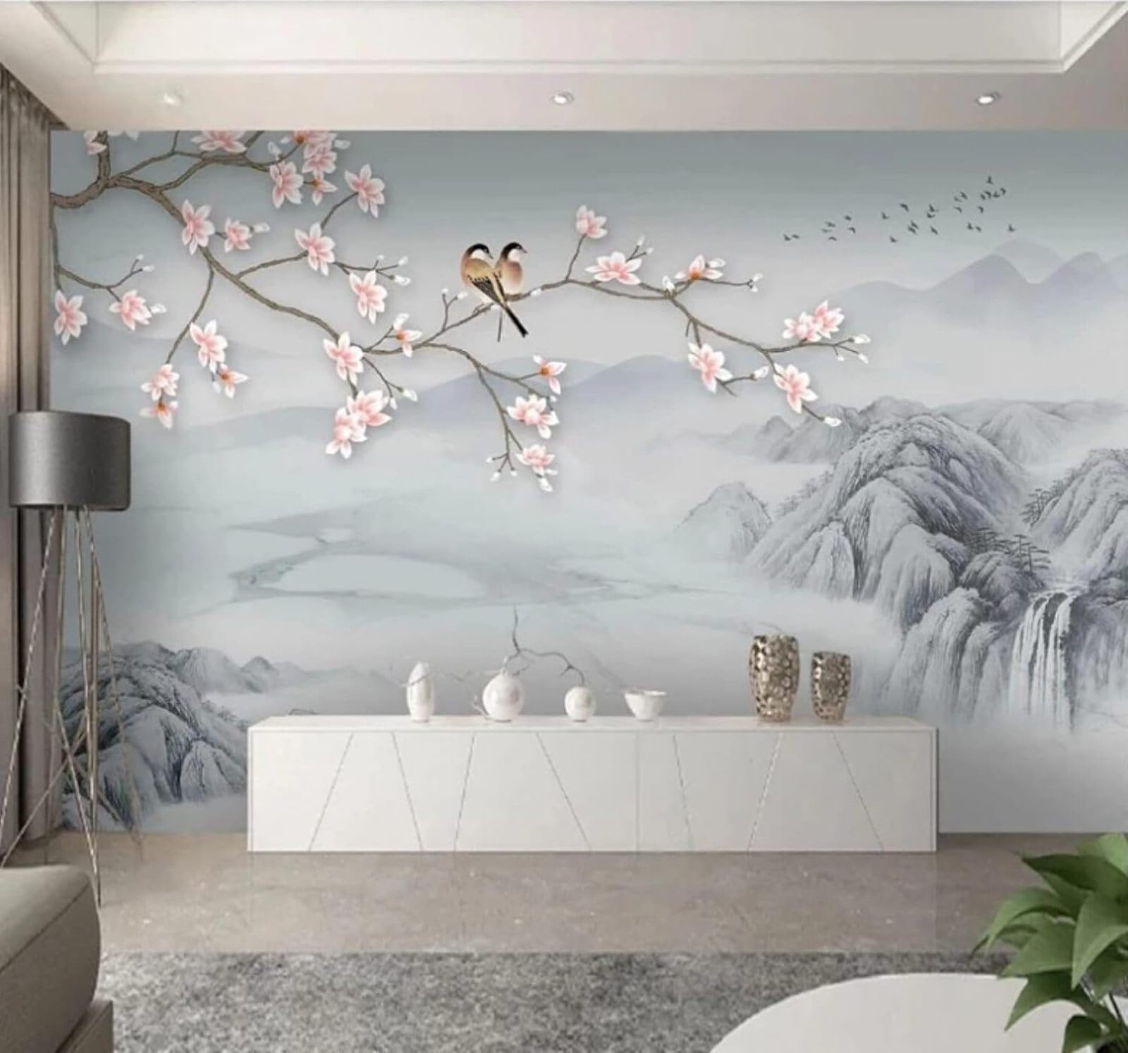 Wallpaper-3D-Xlm 300Cm×210Cm(B×H) Ink Landscape Magnolia Birds In Flight Scenery 3D Wallpaper Easy Install Feature Office Living Room Sofa Bedroom Tv Background Wall Decoration-300Cm×210Cm