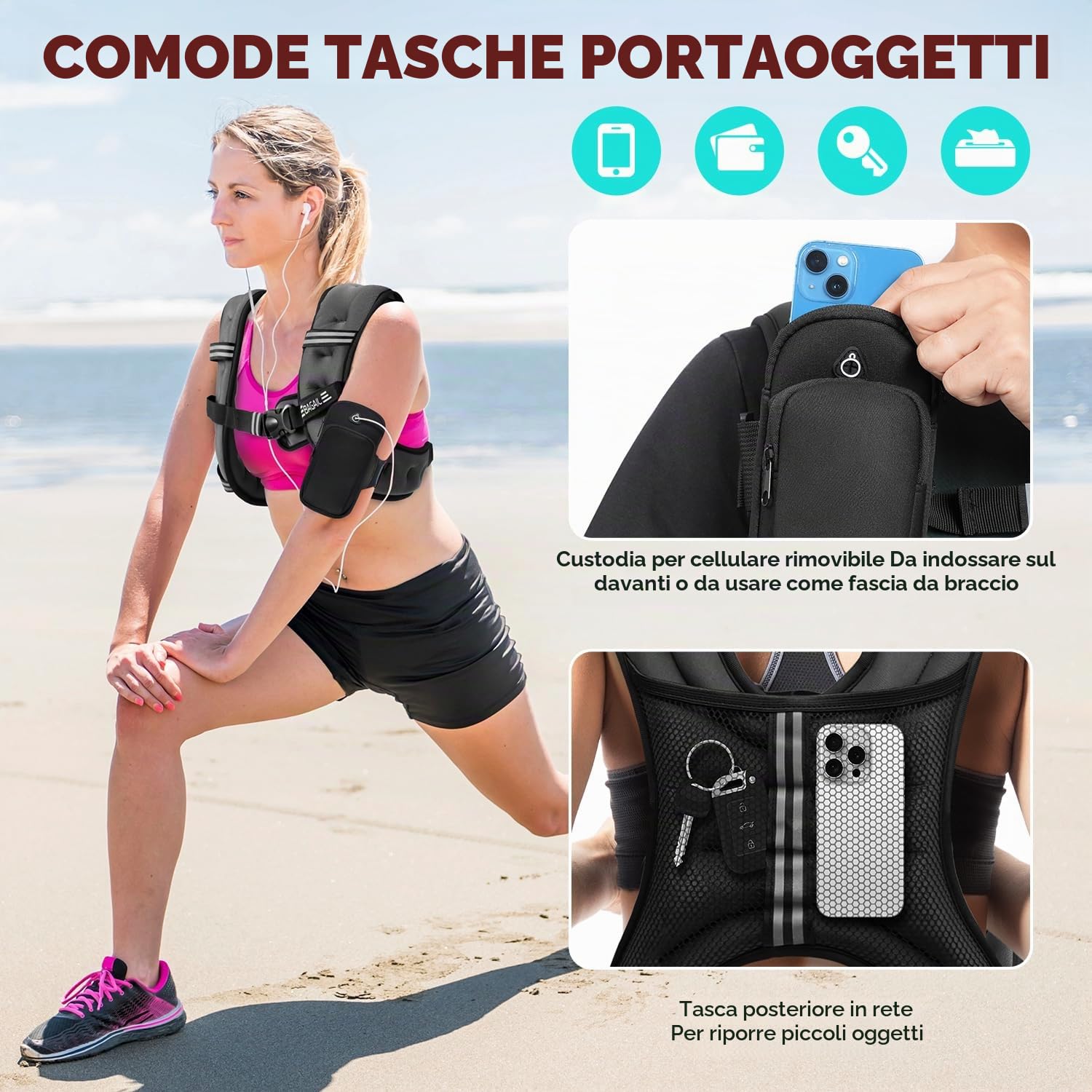 BAGAIL Gilet zavorrato per allenamento della forza, gilet 3 kg con misura del busto regolabile, striscia riflettente e comoda tasca, ideale per allenamenti, yoga ed aerobici