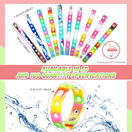 Miniatura 3 de Batiyeer 50 pulseras de silicona con dijes a granel para el día 100 de escuela, pulseras de silicona de 8 pulgadas ajustables de goma coloridas para
