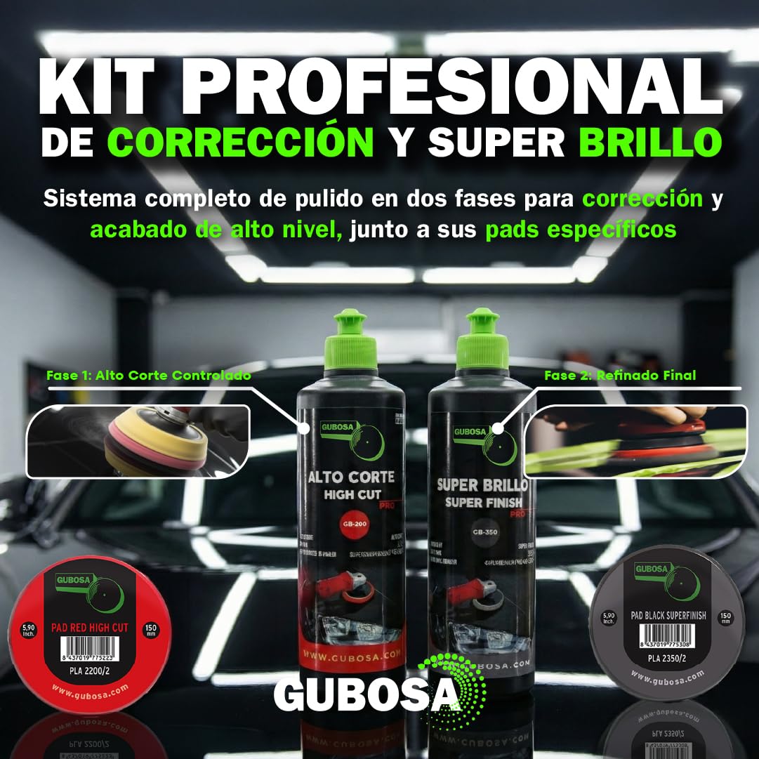 Kit limpieza coche pulimento para arañazos alto corte y super brillo polish que quita arañazos con esponjas 150 mm detailing y reparador de rayones car scratch remover 500 ml | GUBOSA