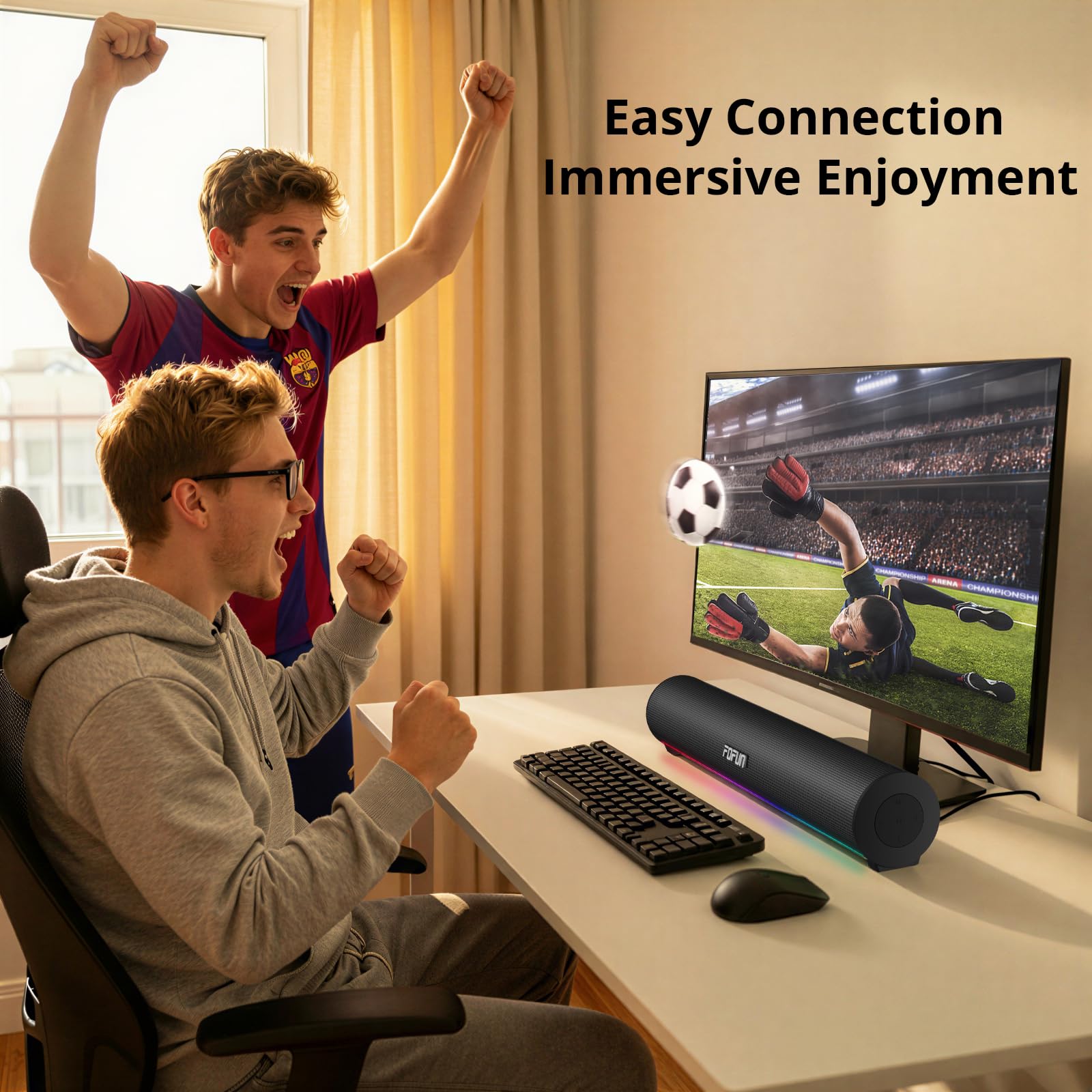 2-in-1 Gaming Soundbar mit Abnehmbares Mikrofon,USB Plug-and-Play Lautsprecher,3 EQ-Audiomodi,Bluetooth 6.0,10 RGB Speakers für PC,TV