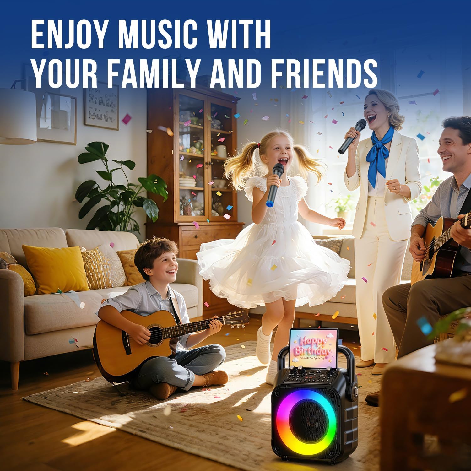 Karaoke Machine, Portable Bluetooth Speaker with 2 Wireless Mics for Adults & Kids with LED Lights, Bass/Treble Adjustment, PA System Supports USB/TF/FM/AUX/TWS for Party Home System Packages - Image 9