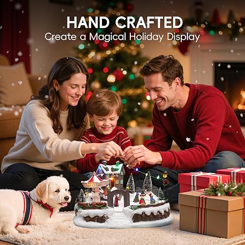 Miniatura 6 de Casas de pueblo de Navidad, aldea de nieve de resina con carrusel iluminado y musical y pista de hielo, decoración de interiores para el hogar