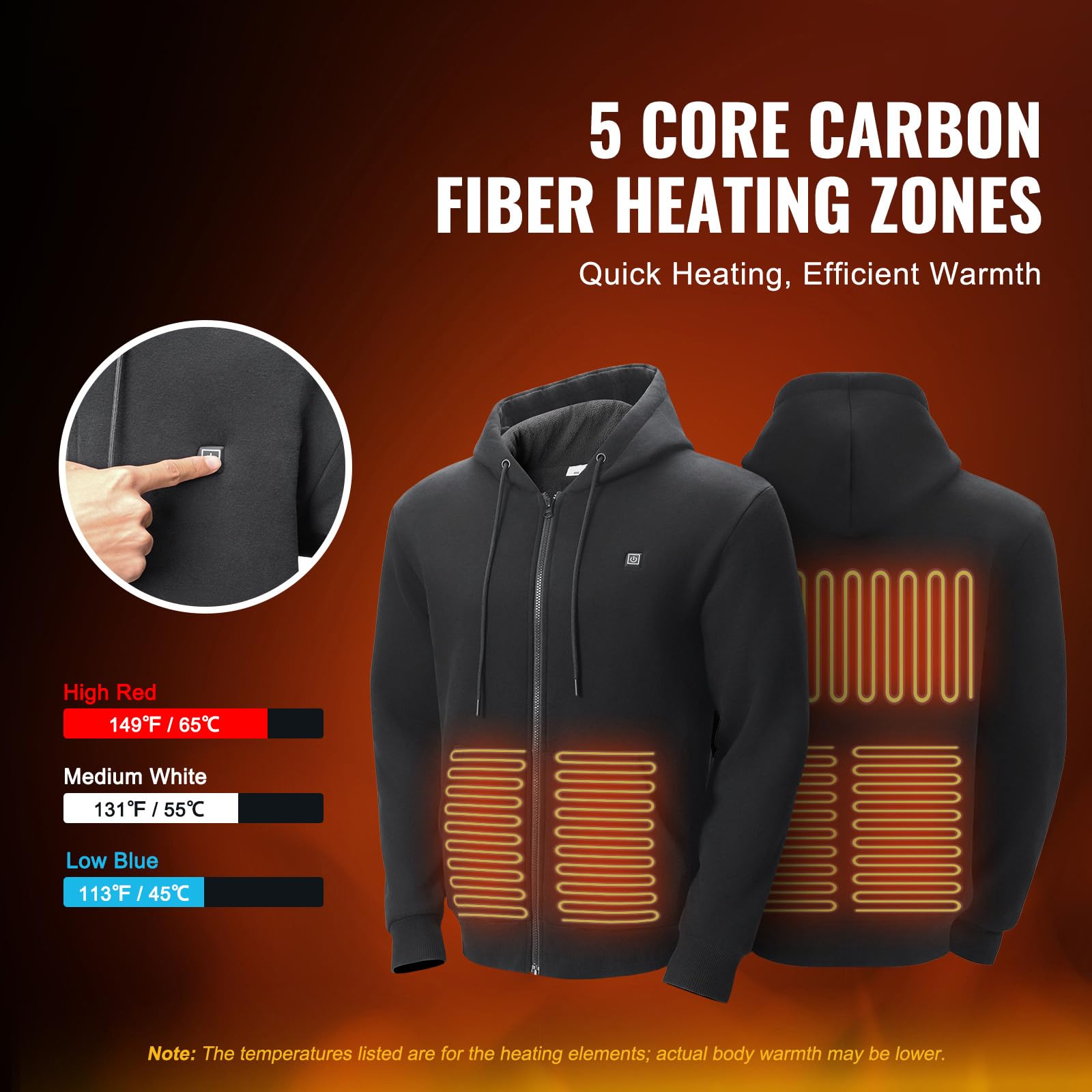 Happybuy Heated Hoodie, Unisex Heated Sweatshirt with Battery Pack 7.4V,Zip Up Electric Jacket with 5 Heating Zones for Men & Women,Lightweight Warm Heated Outdoor Pullover for Camping,XXXL Size Black