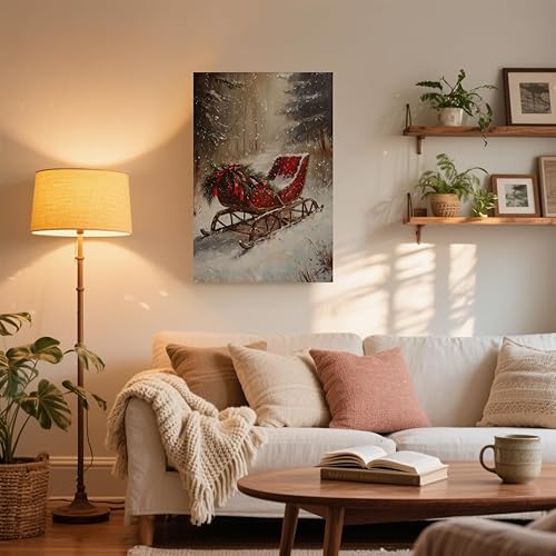 Miniatura 4 de Póster vintage de trineo rojo de invierno, impresión artística de Navidad, árbol nevado, bosque, pintura al óleo, clásico, neutro, antiguo,