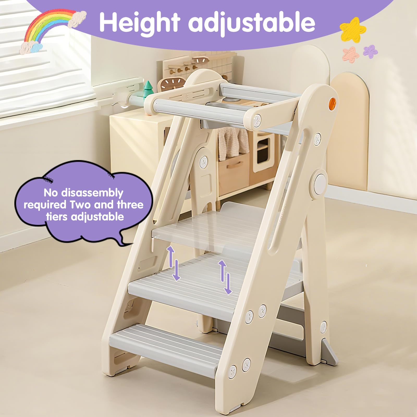 Torre de Aprendizaje para Niños, Taburete Infantil Plegable de Altura Ajustable con Barandilla y Asas, Escalera de Cocina y Baño Antideslizante para Niños – Beige, 52×54×83 cm