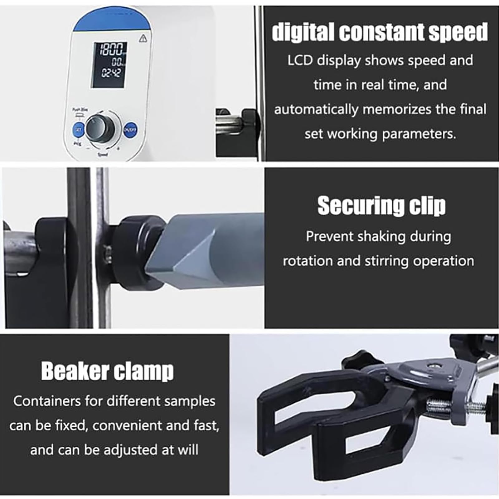 Agitador eléctrico superior con pantalla digital, rango de velocidad de 100-2000 rpm, temporizador de 1-99 h59 minutos, volumen máximo de 20 litros, par de torsión de 20-60 n.cm para mezcla de
