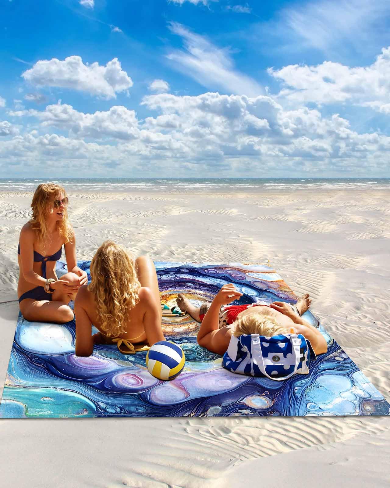 Beach Blanket Sandproof Waterproof Picnic Blankets Star River Blue Gradient Extra Large Lightweight Outdoor Beach Mat with Corner Pockets for Travel/Camping/Hiking Psychedelic Abstract Art