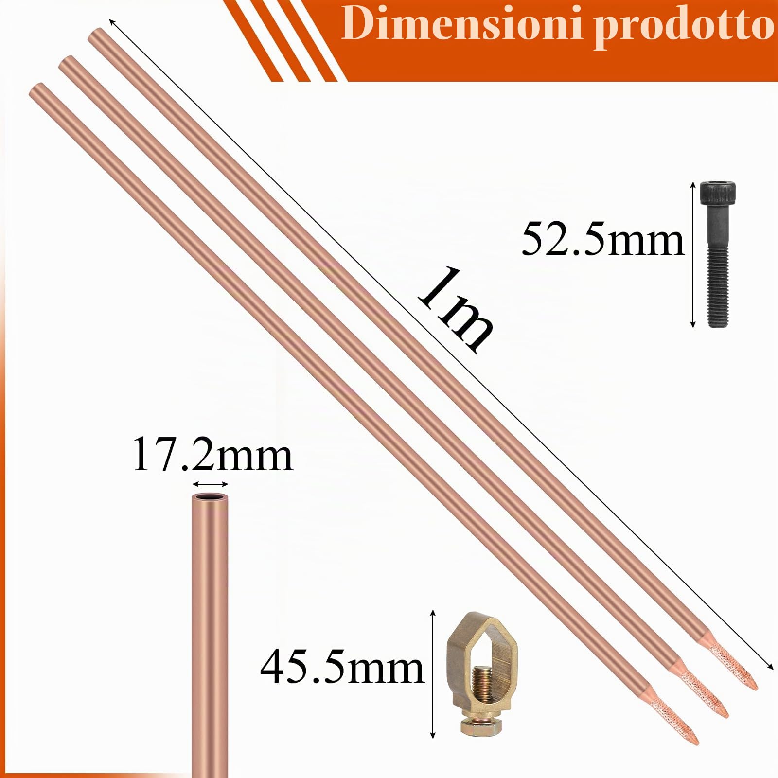 EFUTURETIME 3 x Barra di Terra 1m, Dispersore di Terracon φ17,2 in Acciaio al Carbonio con Rivestimento in Rame Elettrolitico da 0,2 mm con Morsetto e Bullone Protettivo