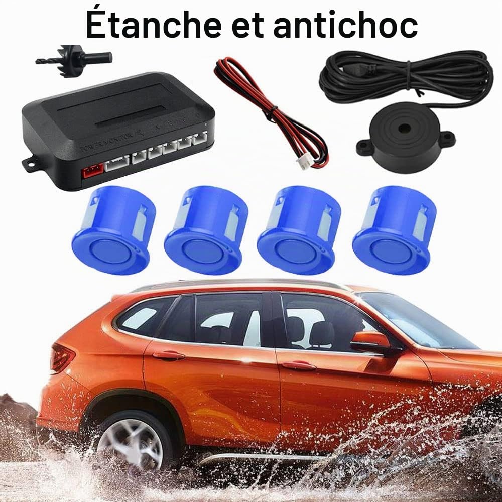 Capteur de Recul Voiture 4 Arrière Capteur Système de Radar de Stationnement Voiture Auto Parcage Système Radar Sonore Buzzer Alarme Distance Bleu