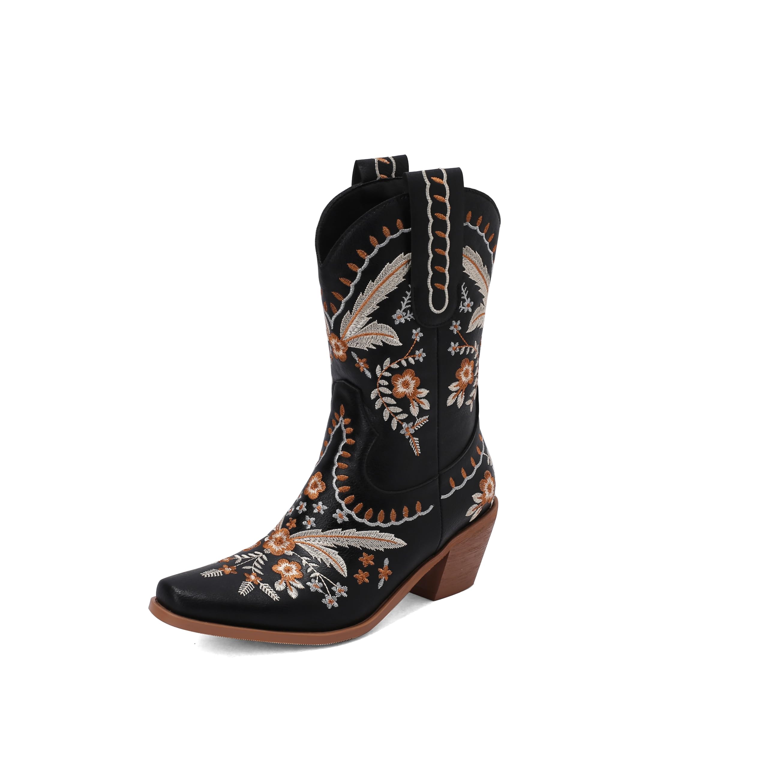 Women Embroidered Cowboy Boots Mid Calf Floral Cowgirl Ankle Boot Slip on Western booties